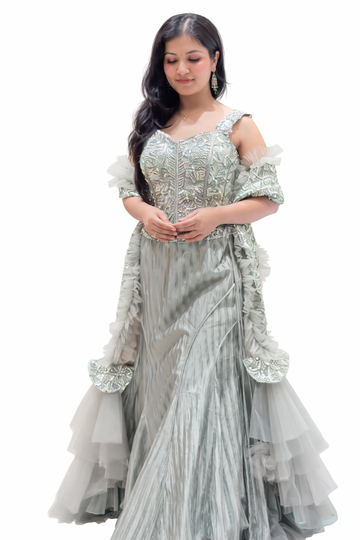 Sage Green Embroidered Designer Indo-Western Gown with Ruffle Dupatta – Elegant Party & Wedding Wear for Women
