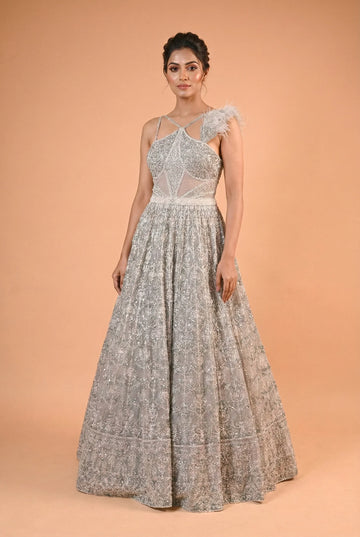 Silver Grey Feather Detail Embroidered Designer Gown