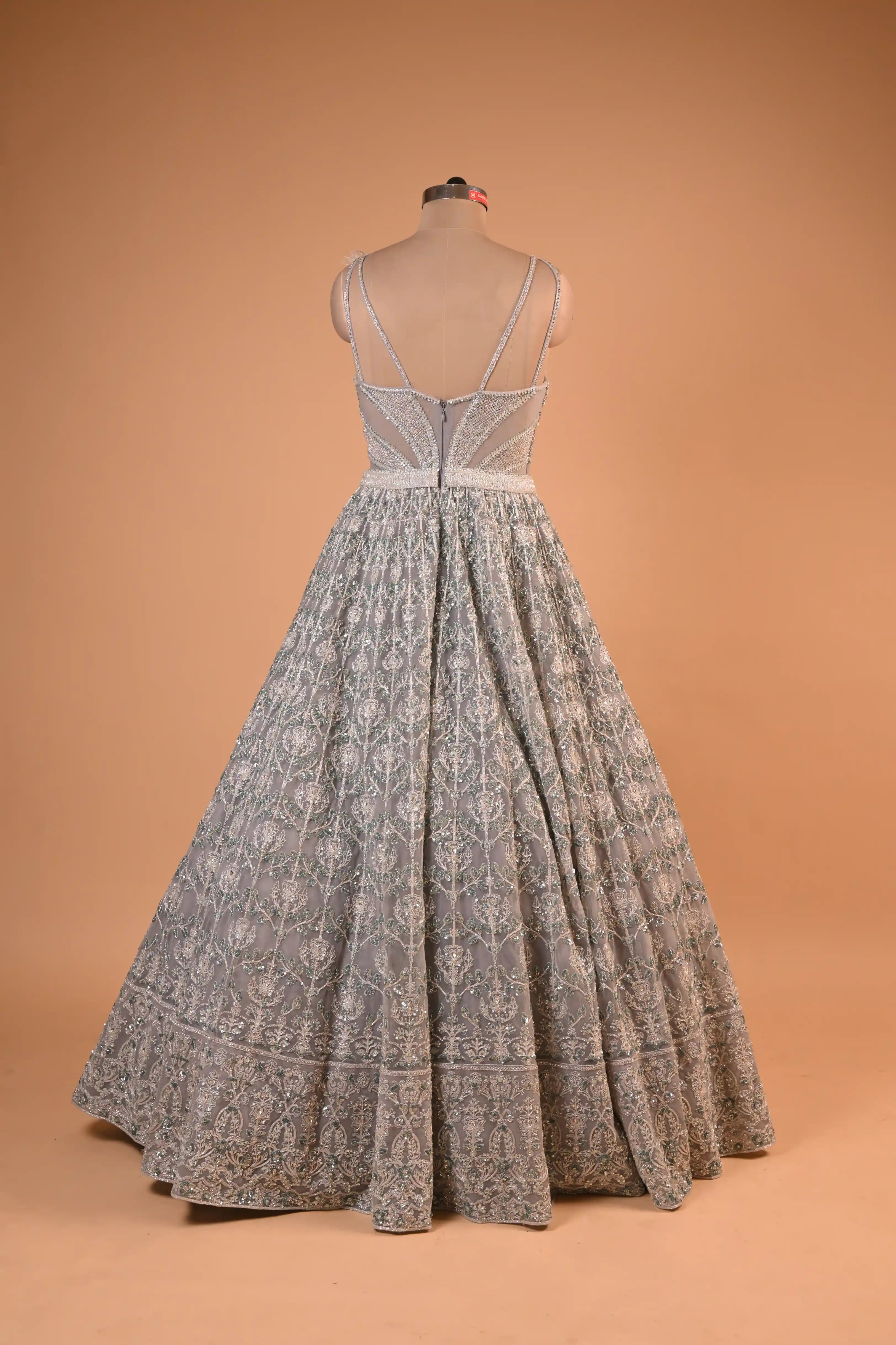 Silver Grey Feather Detail Embroidered Designer Gown