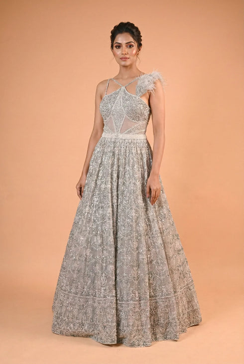 Silver Grey Feather Detail Embroidered Designer Gown