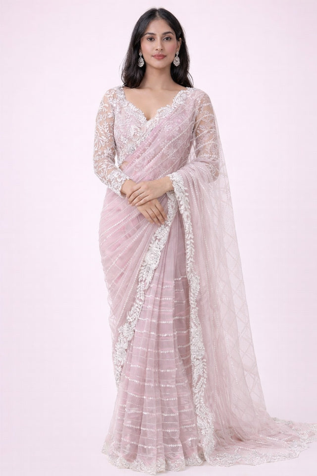Blush Lavender Designer Net Saree with Heavy Embroidery & Statement Blouse