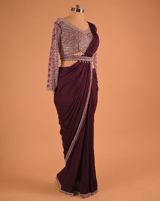 Wine Embellished Designer Saree with Full Sleeve Blouse