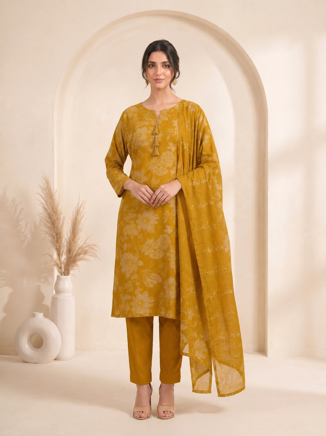 Woman wearing a mustard yellow floral print cotton kurti set with a dupatta and beige heels.