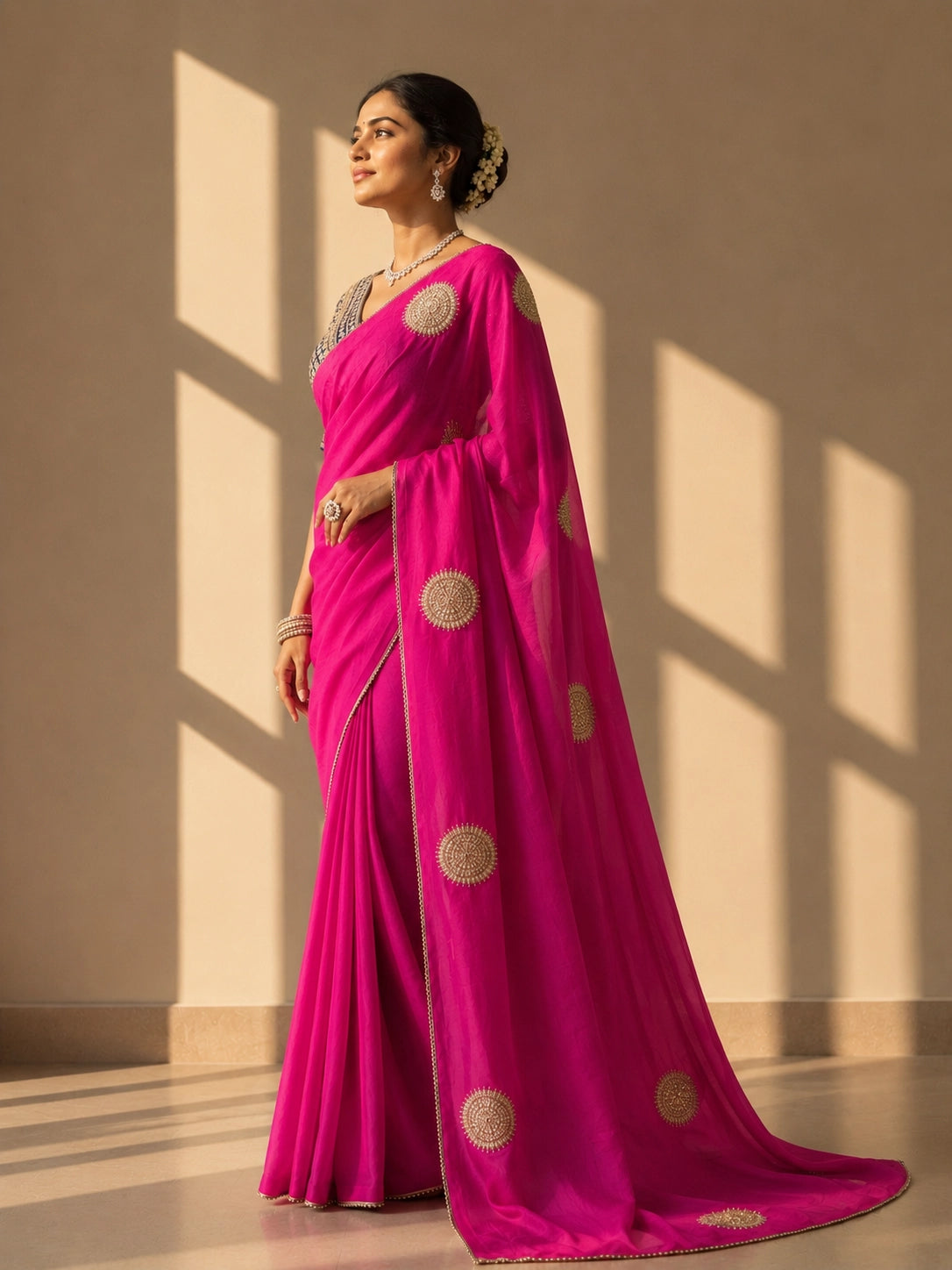 Close-up of a woman wearing a vibrant rani pink saree with gold embellished circular motifs.