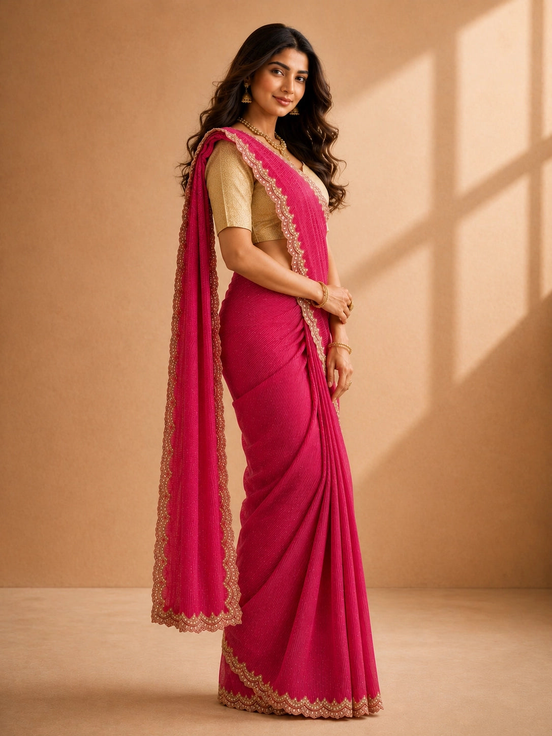 Woman wearing a vibrant rani pink  saree with a golden blouse and embellished border.