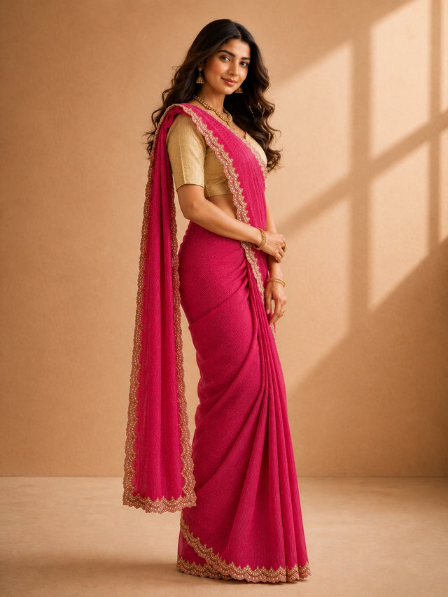 Woman wearing a vibrant rani pink  saree with a golden blouse and embellished border.