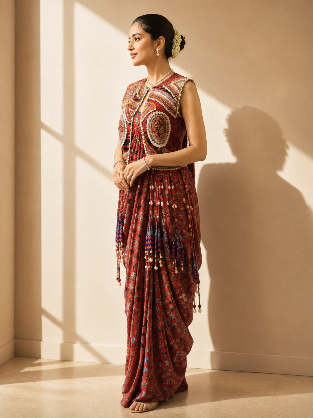 Woman wearing a red printed draped saree and an intricately embroidered sleeveless jacket.