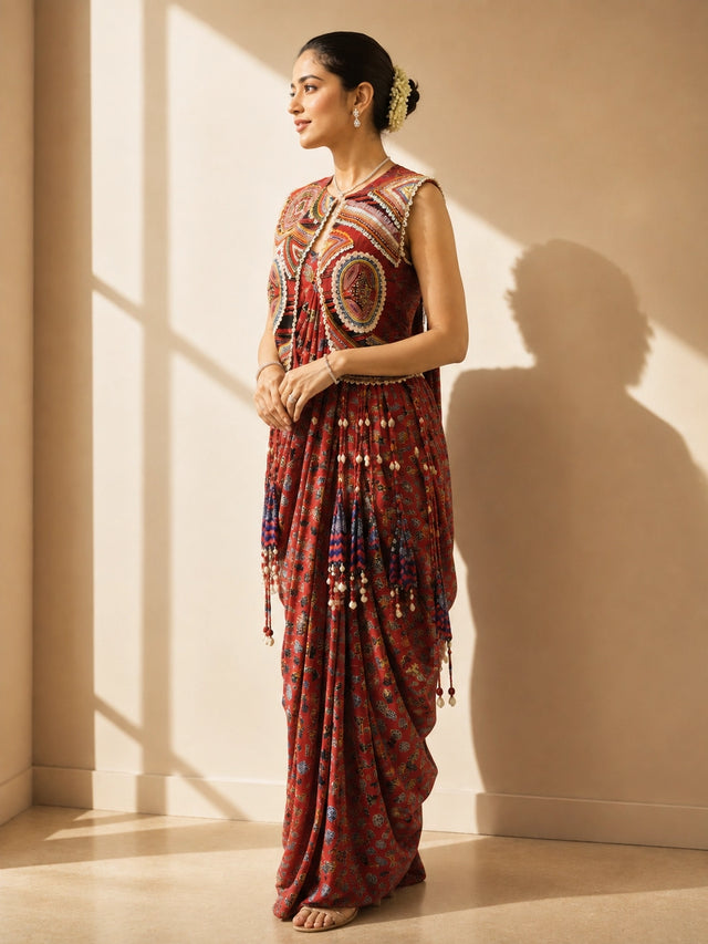 Woman wearing a red printed draped saree and an intricately embroidered sleeveless jacket.