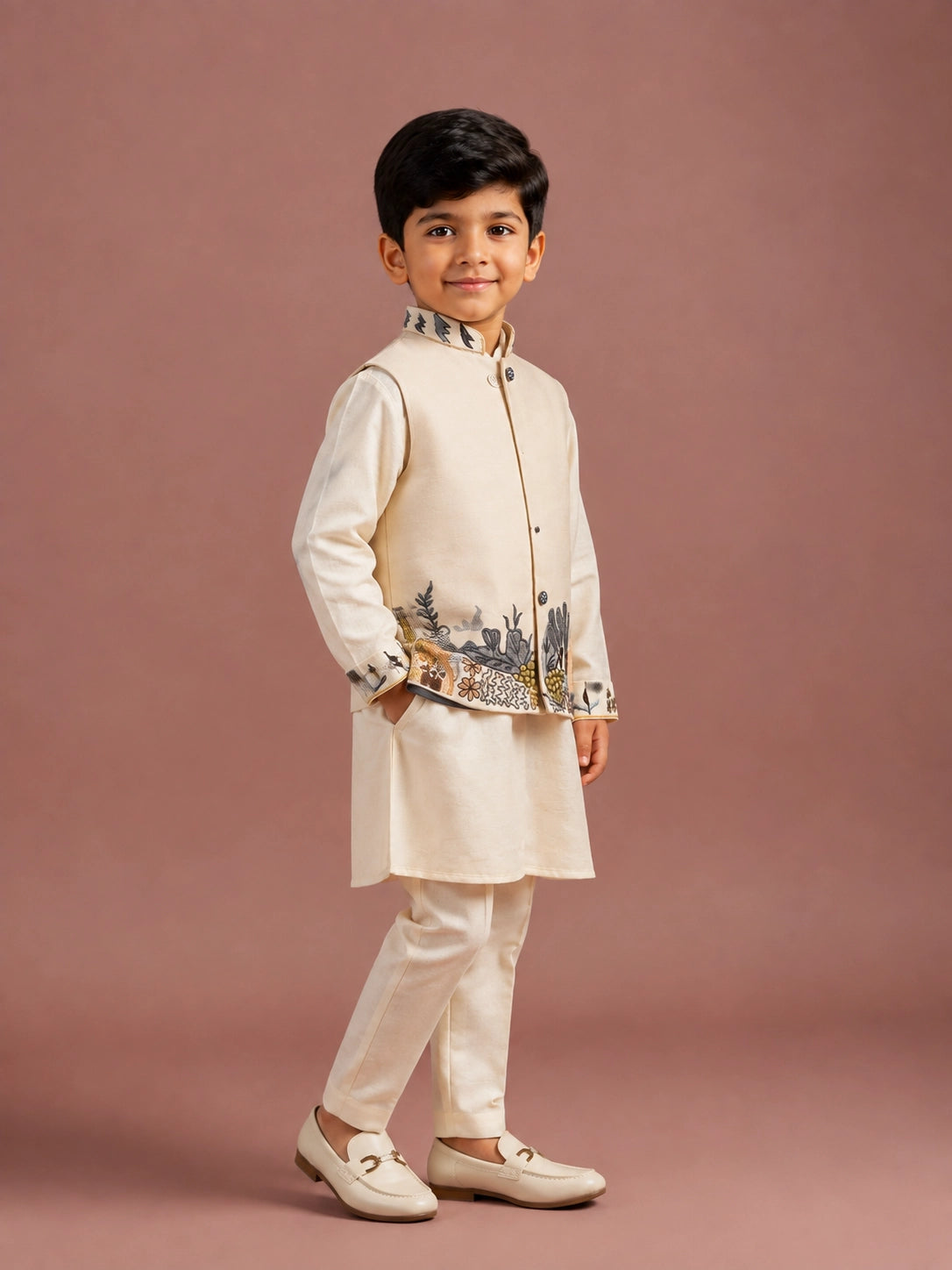 Young boy in a cream embroidered kurta and jacket set, sitting elegantly.