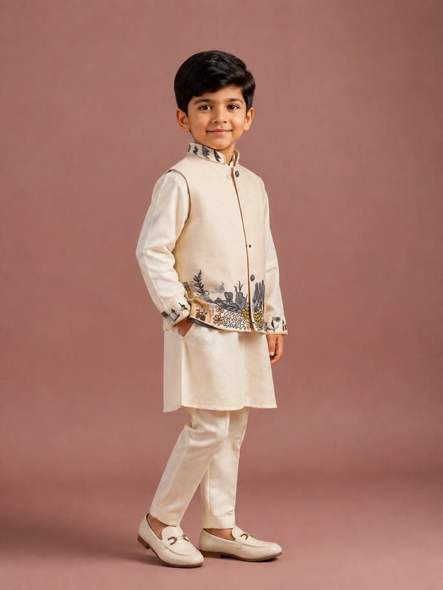 Young boy in a cream embroidered kurta and jacket set, sitting elegantly.