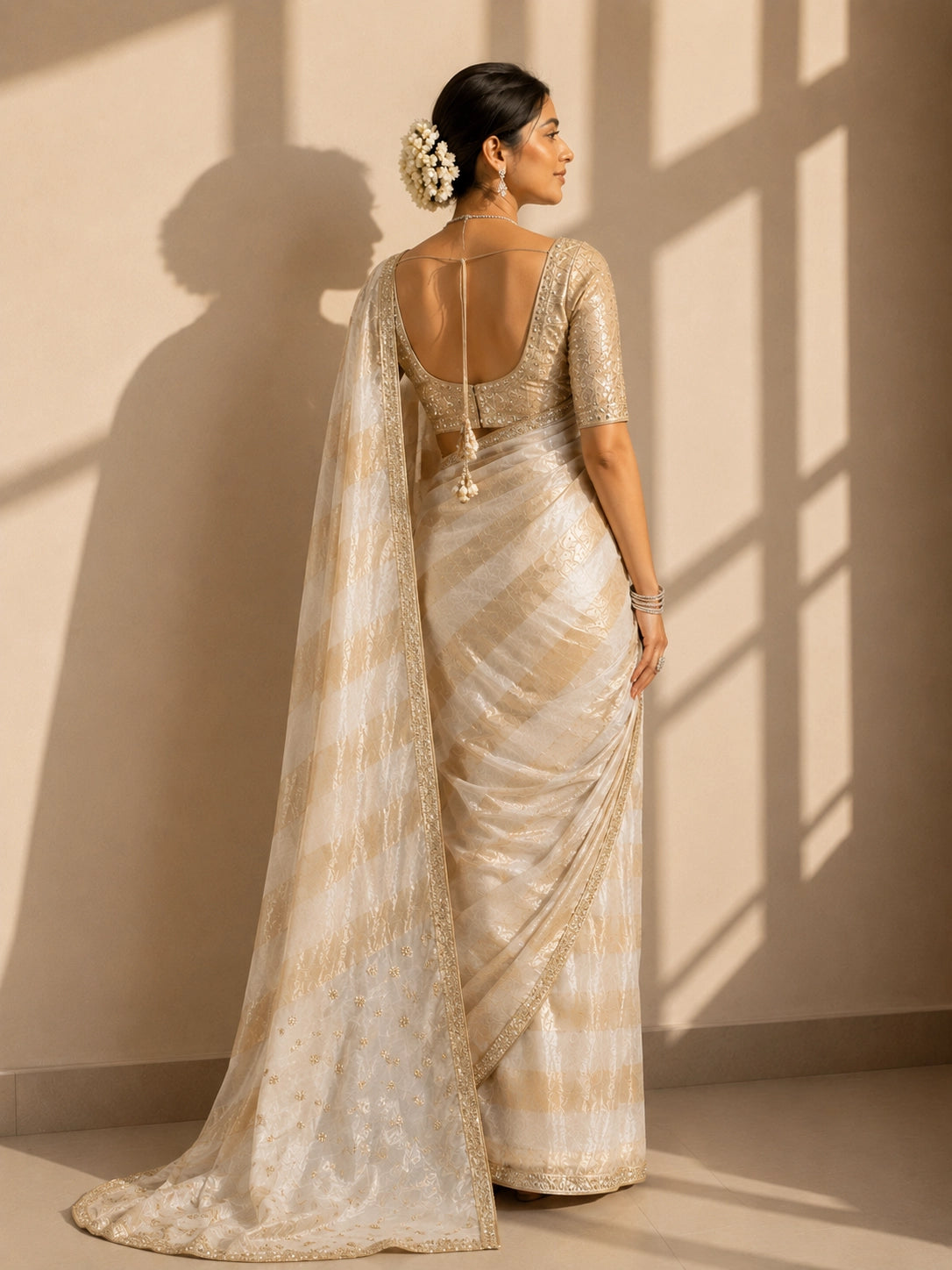 Woman in a cream and gold striped saree with an embroidered blouse.