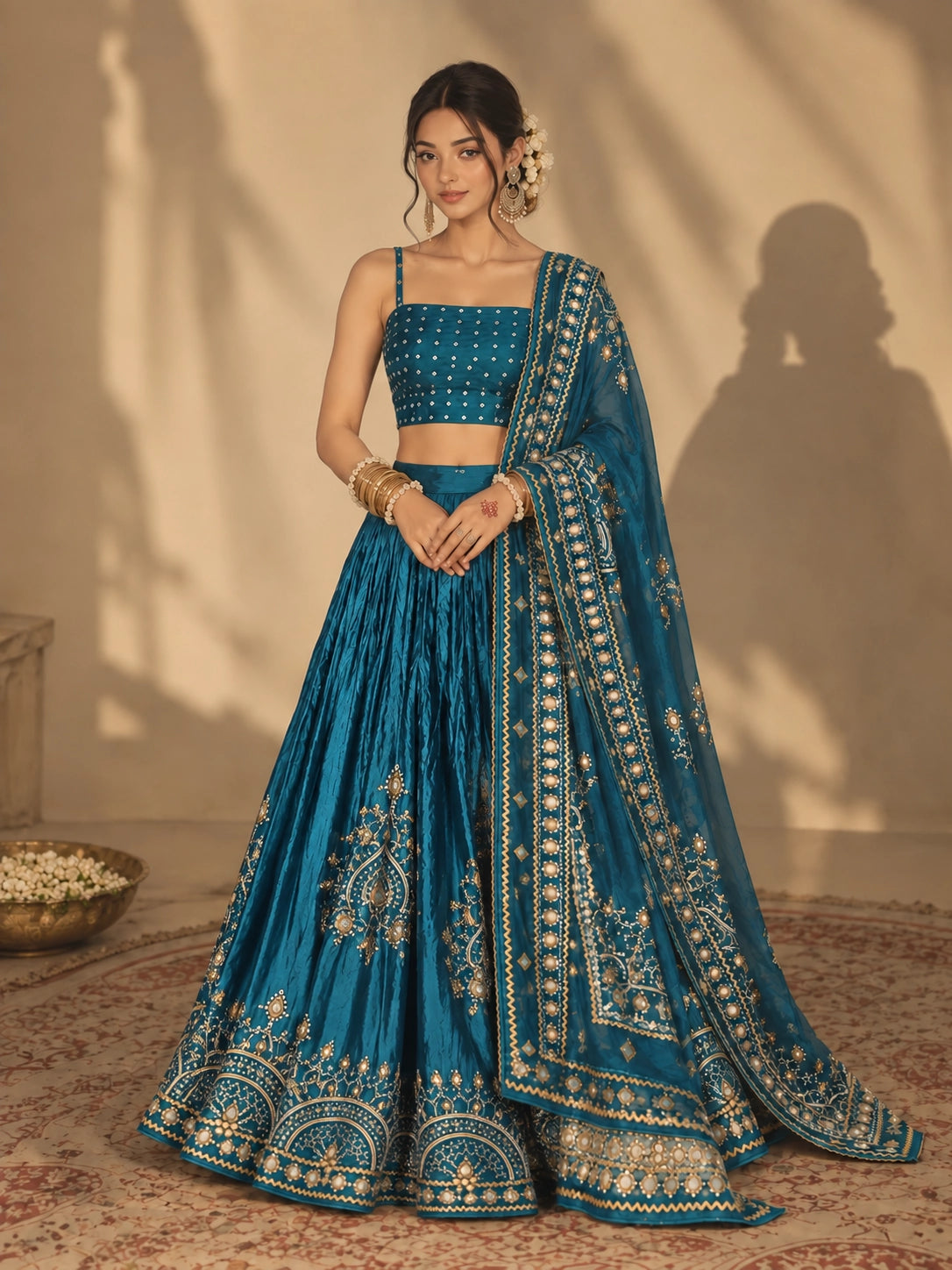 Woman wearing a RAMA blue embroidered lehenga choli with gold and mirror work.