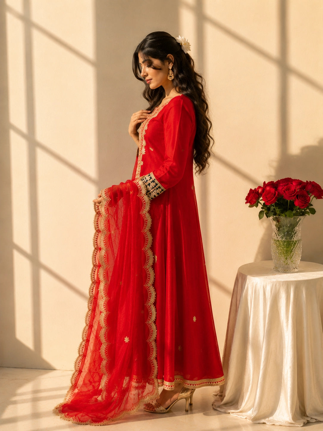 Woman wearing a vibrant red Anarkali suit with intricate gold embroidery and sheer dupatta.