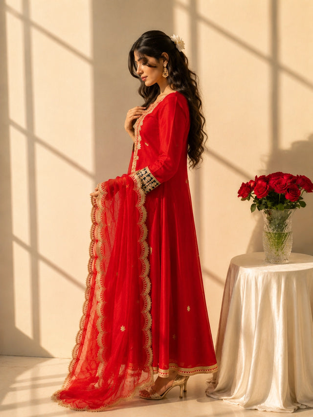 Woman wearing a vibrant red Anarkali suit with intricate gold embroidery and sheer dupatta.