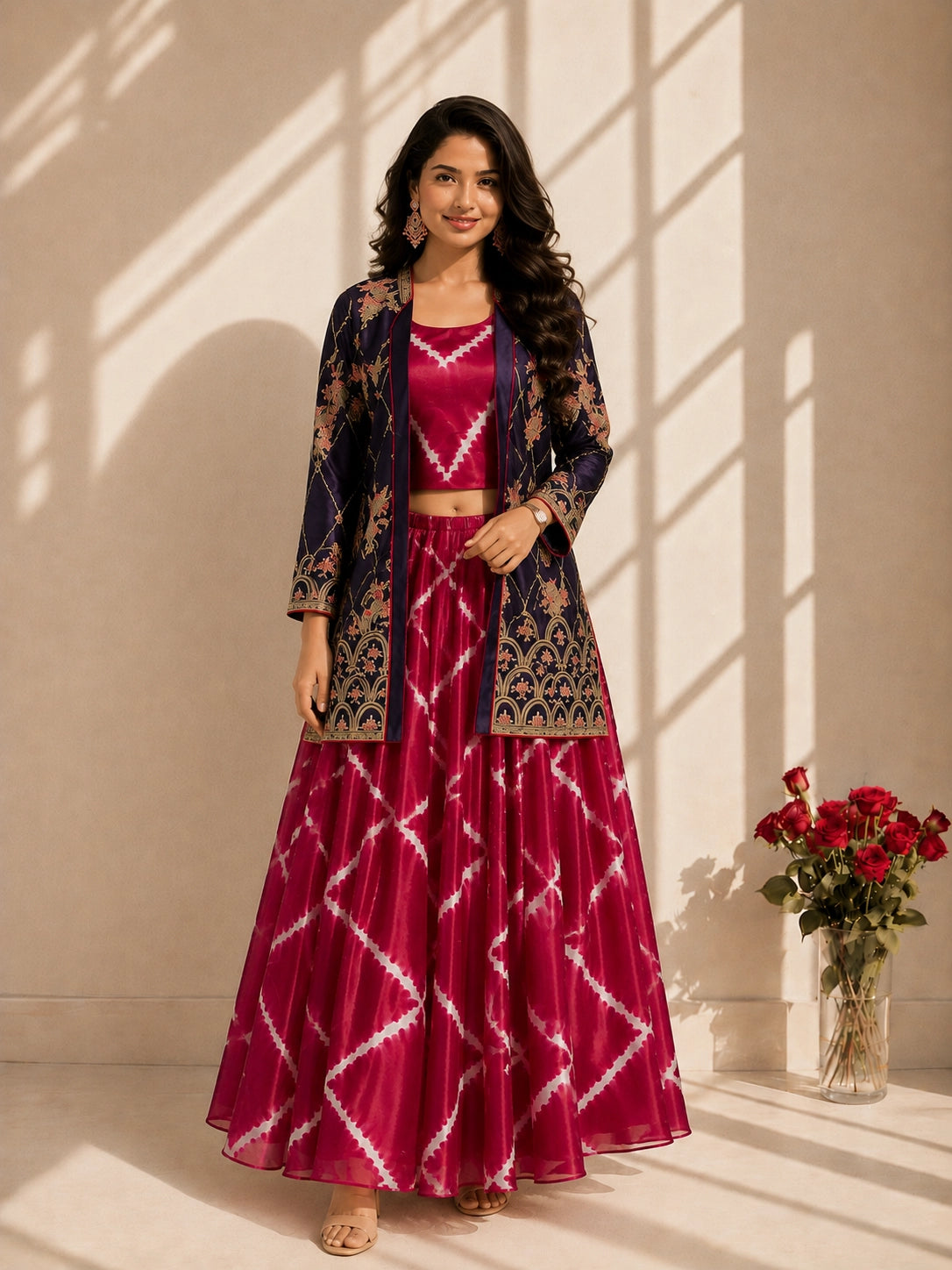 Elegant woman wearing a blue embroidered jacket with a pink tie-dye kurti set.