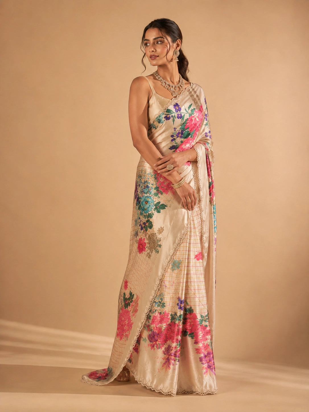 Woman in elegant cream floral saree with vibrant pink and purple flowers