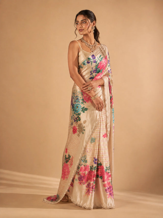 Woman in elegant cream floral saree with vibrant pink and purple flowers