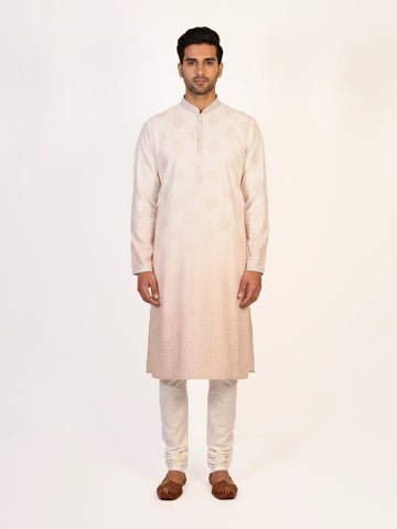 Man wearing a multi-color embroidered kurta and white pants, traditional Indian ethnic wear.