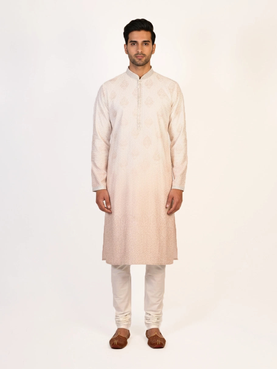 Man wearing a multi-color embroidered kurta and white pants, traditional Indian ethnic wear.