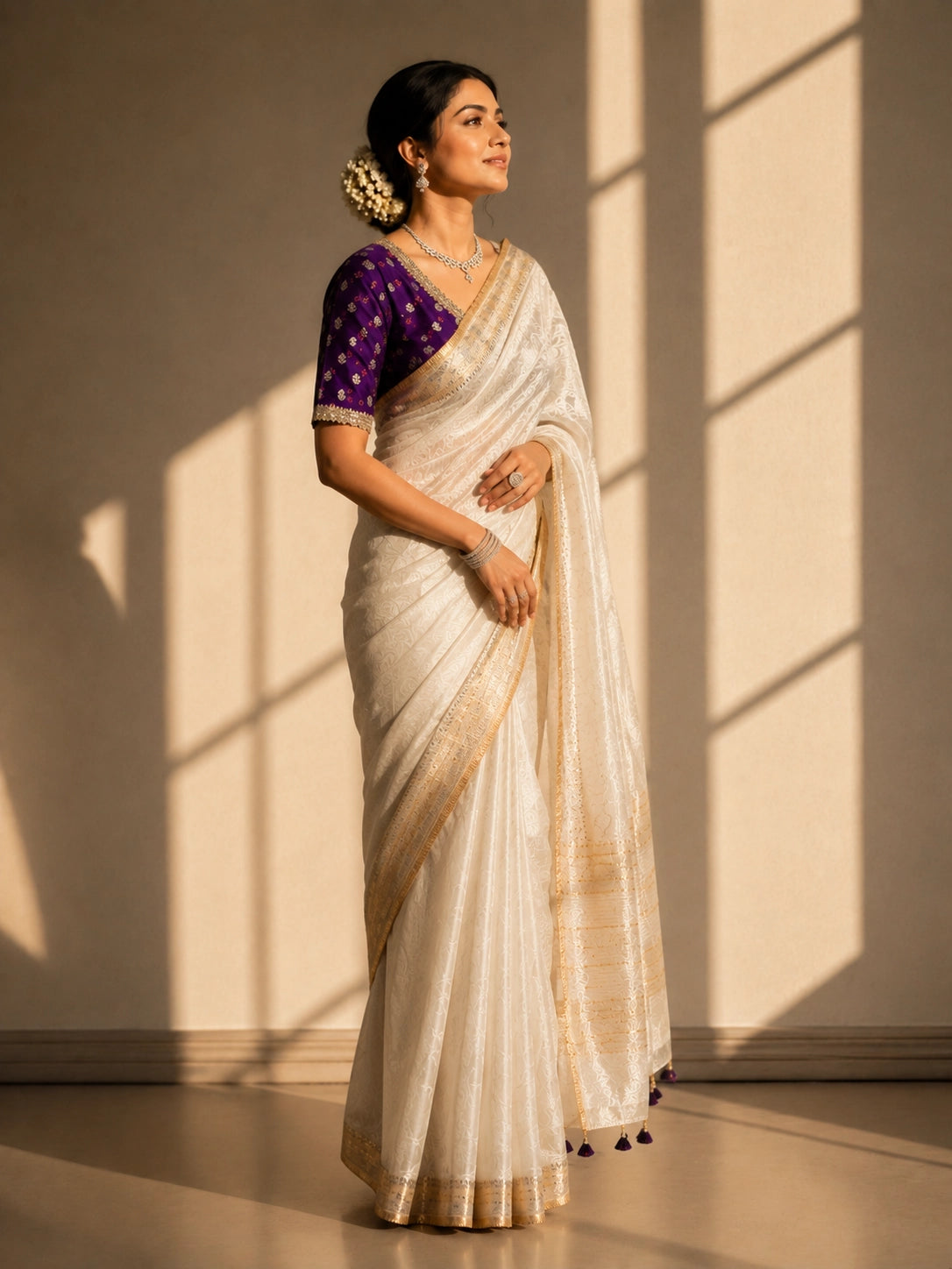 Woman in luxurious cream saree with gold border and embroidered purple blouse.