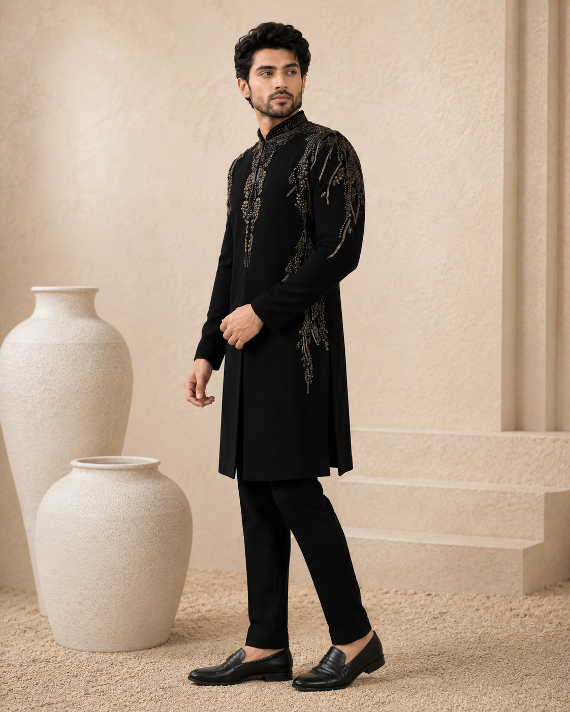 Man wearing a stylish black Indo-Western suit, showcasing intricate details and a modern fit.