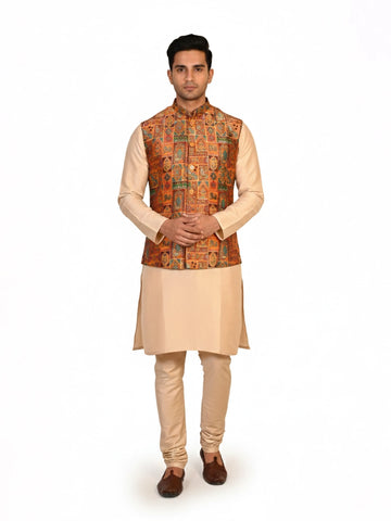 Man wearing a multi-color ethnic Nehru jacket over a cream kurta and pants, suitable for festive occasions.