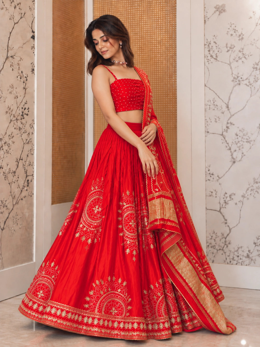 Woman in vibrant red lehenga choli with gold embroidery and matching dupatta.