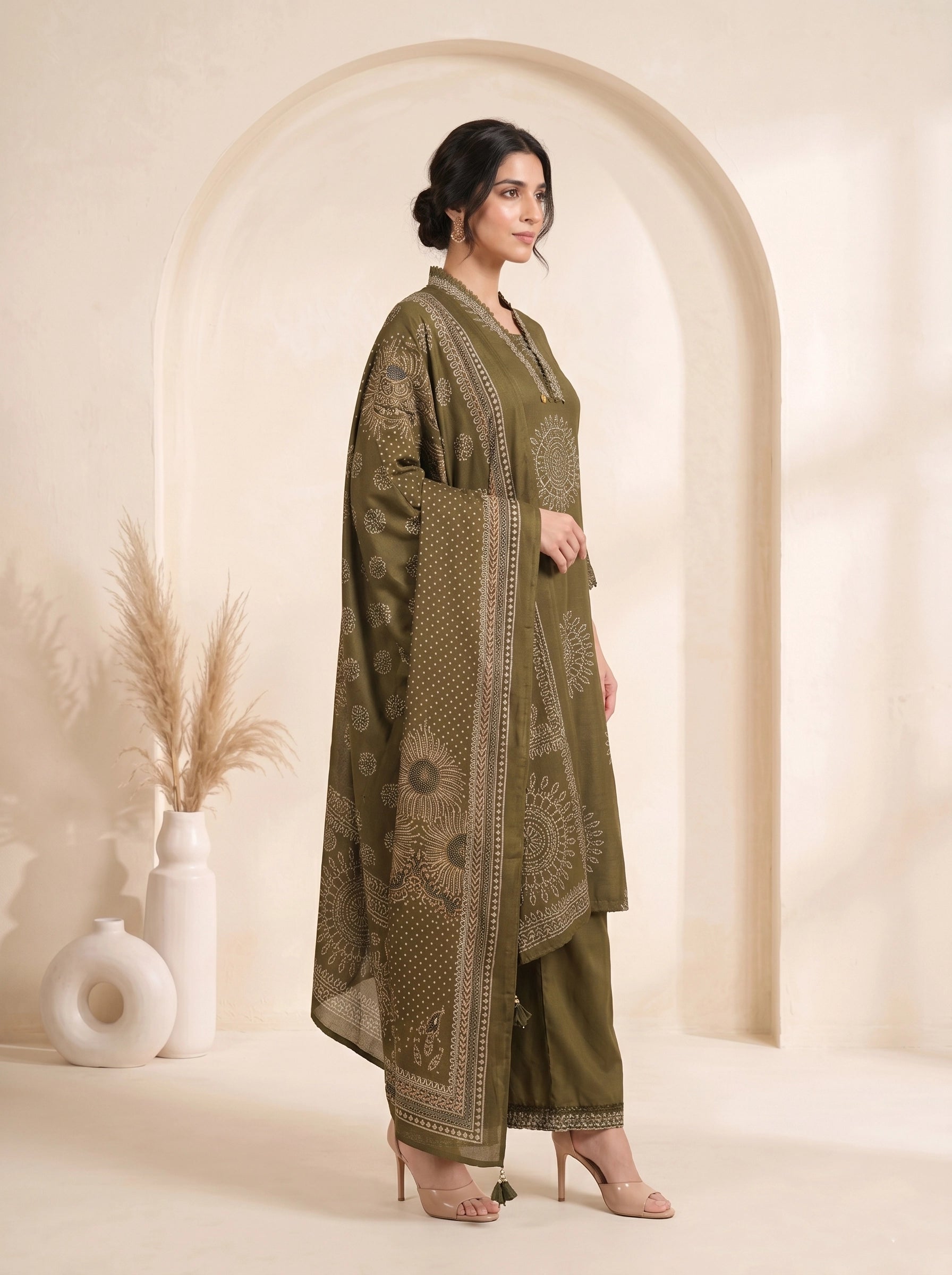 Woman wearing an olive green printed kurti with palazzo pants and a dupatta, styled for a casual or festive occasion.
