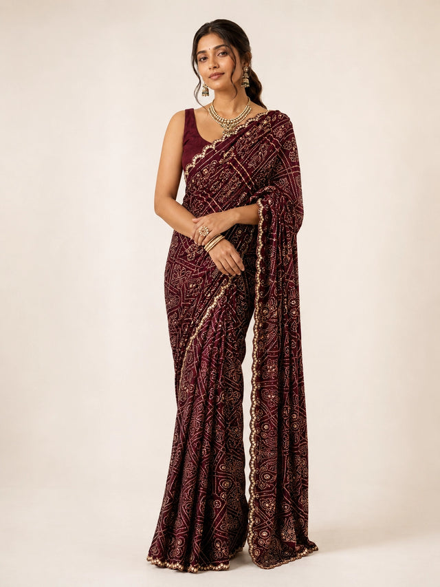 Woman wearing a maroon saree with gold bandhani patterns and a matching sleeveless blouse.