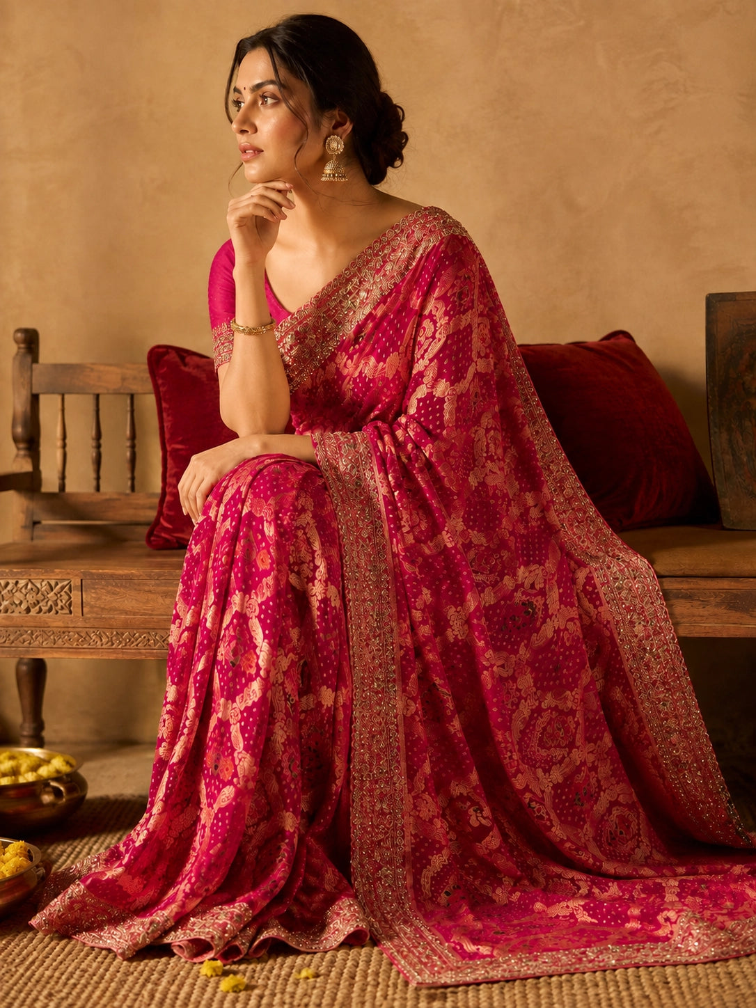 Elegant woman wearing a vibrant Rani Pink S3 saree with detailed gold zari work.