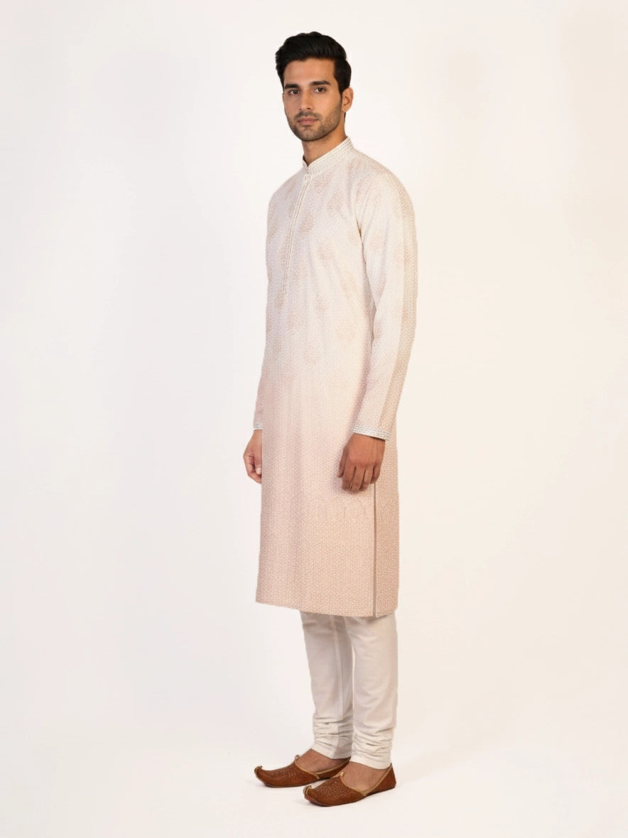 Man wearing a multi-color embroidered kurta and white pants, traditional Indian ethnic wear.