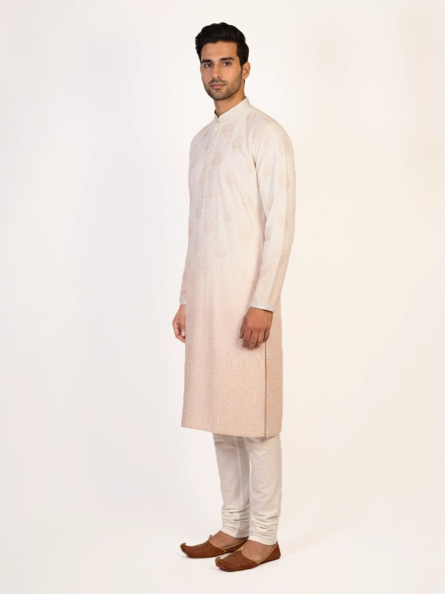 Man wearing a multi-color embroidered kurta and white pants, traditional Indian ethnic wear.