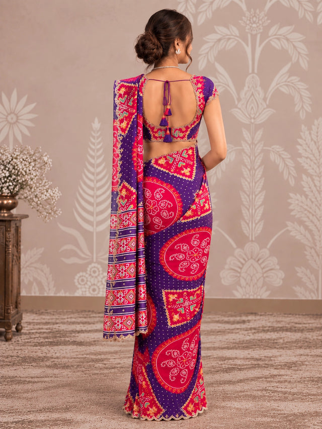 Woman in vibrant purple and pink printed saree with intricate patterns and scalloped border.