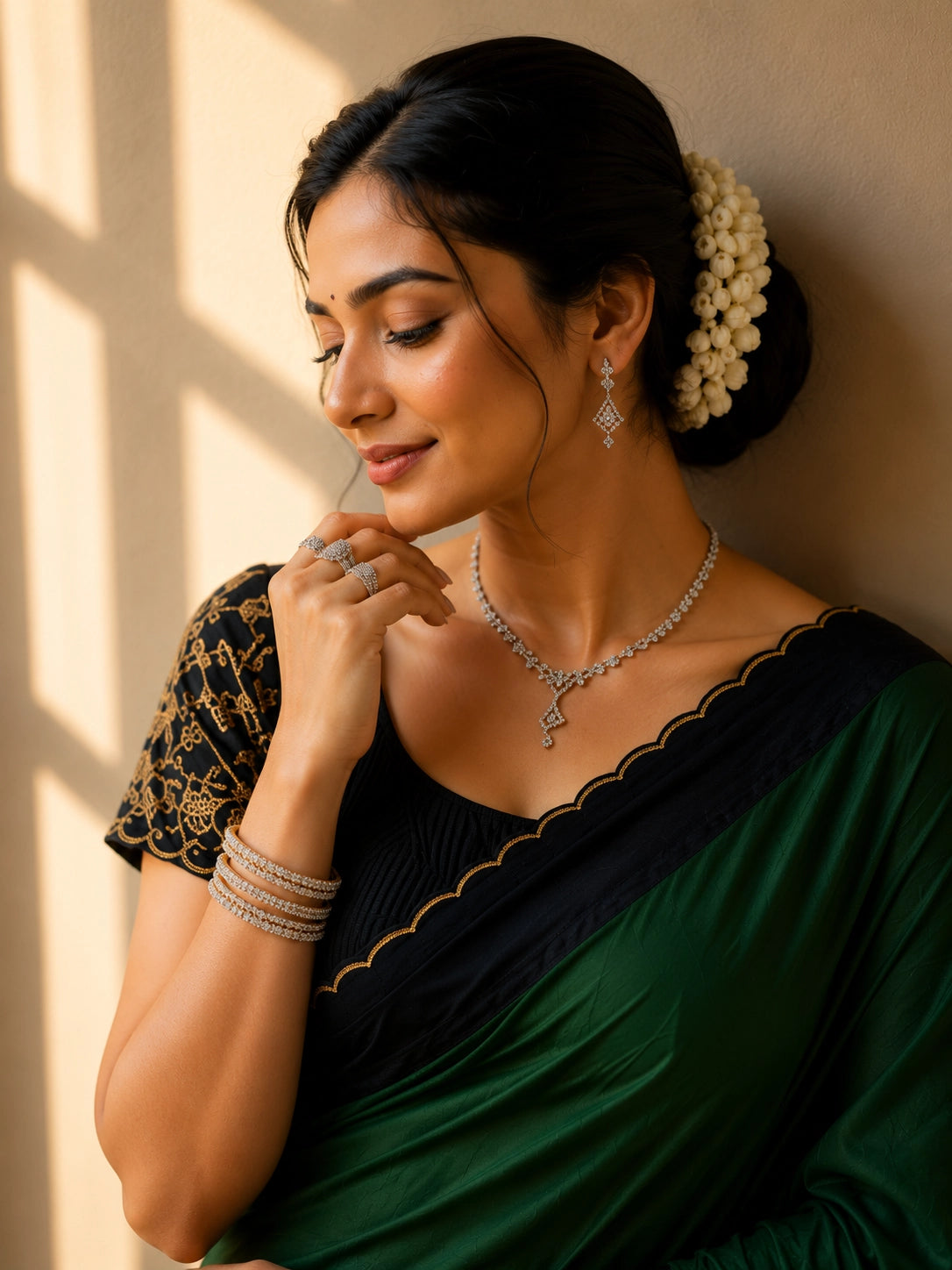 Elegant saree in grey with black scalloped border and gold trim.