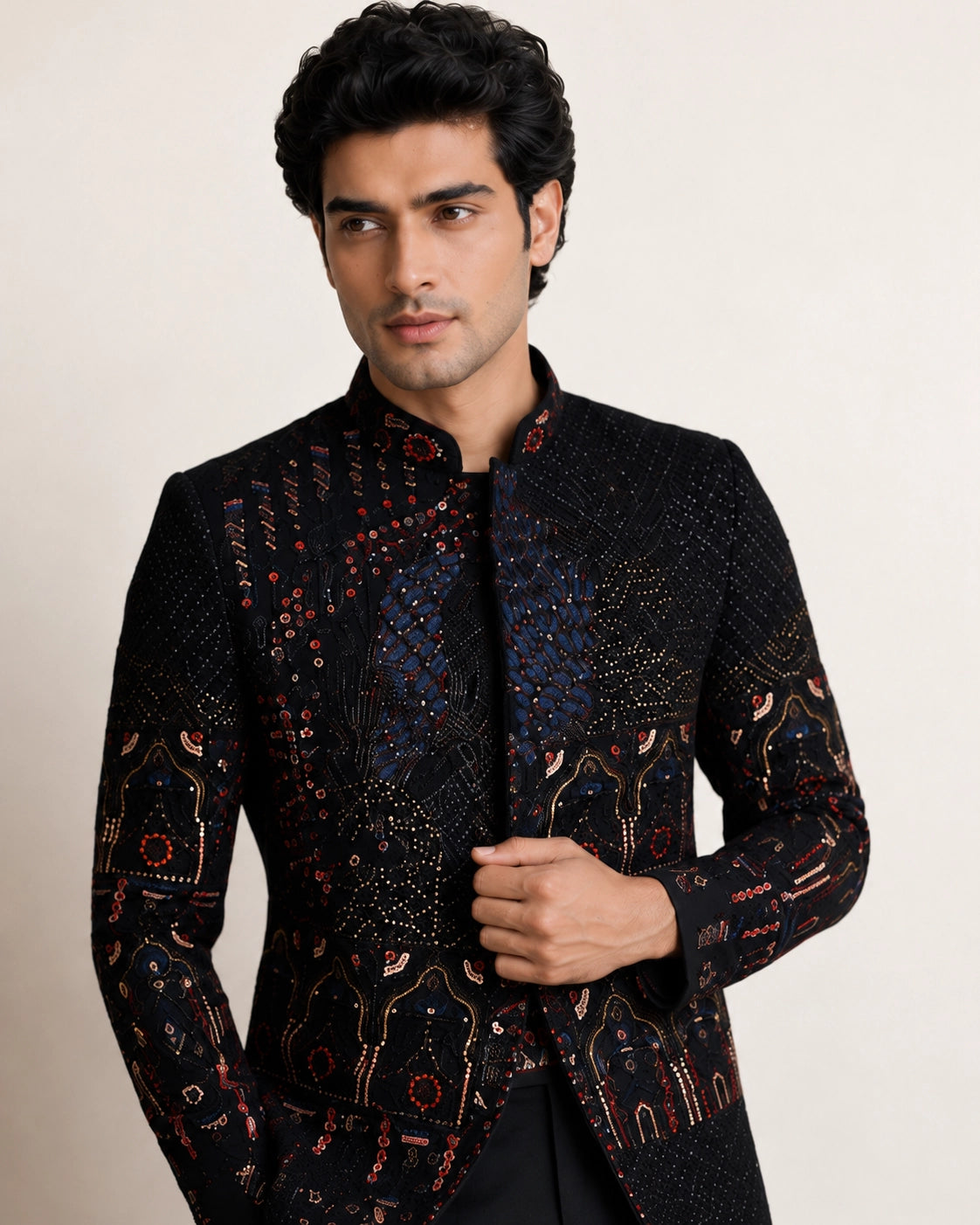 Man wearing an elegant navy blue Jodhpuri suit, a traditional Indian formal outfit.