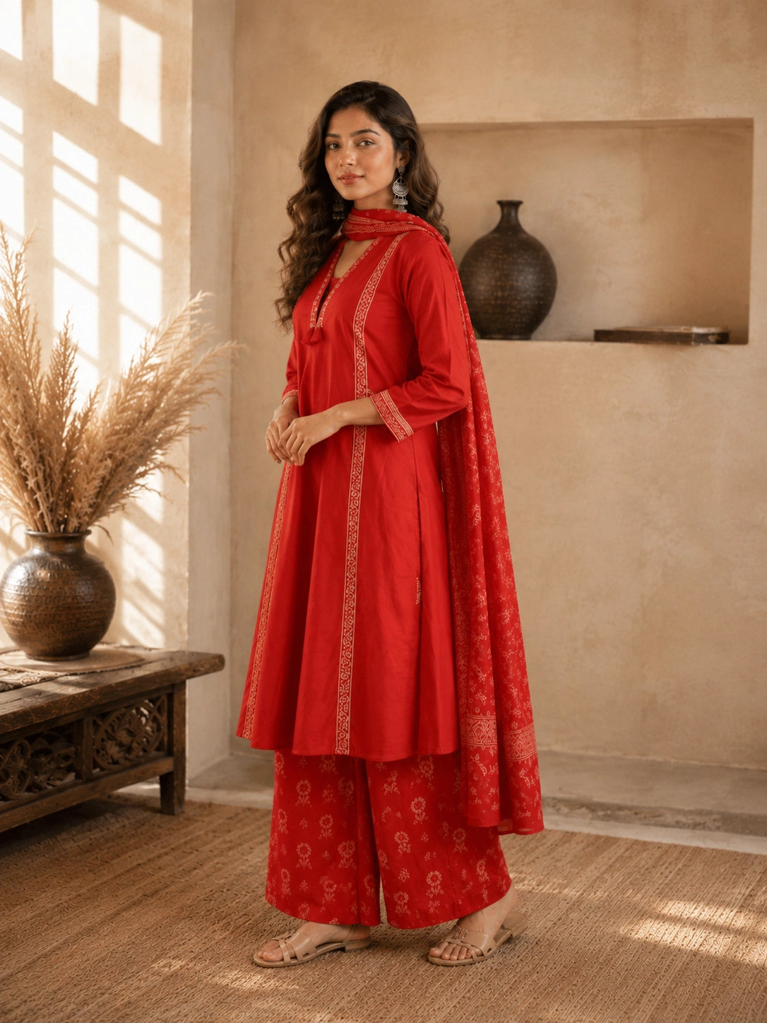 Woman wearing a rust-colored printed cotton kurti and pants set with intricate border details.