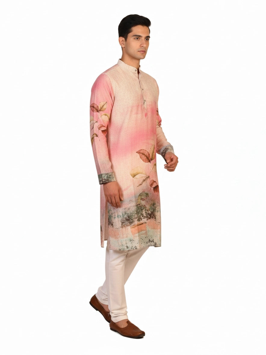 Men's multi-color Kurta Pajama with a floral print, band collar, and long sleeves, paired with cream pants.
