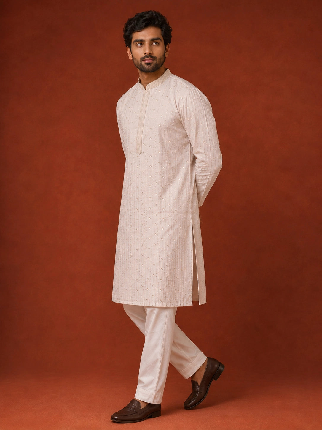 Man in elegant white kurta pajama with subtle vertical and diamond patterns.