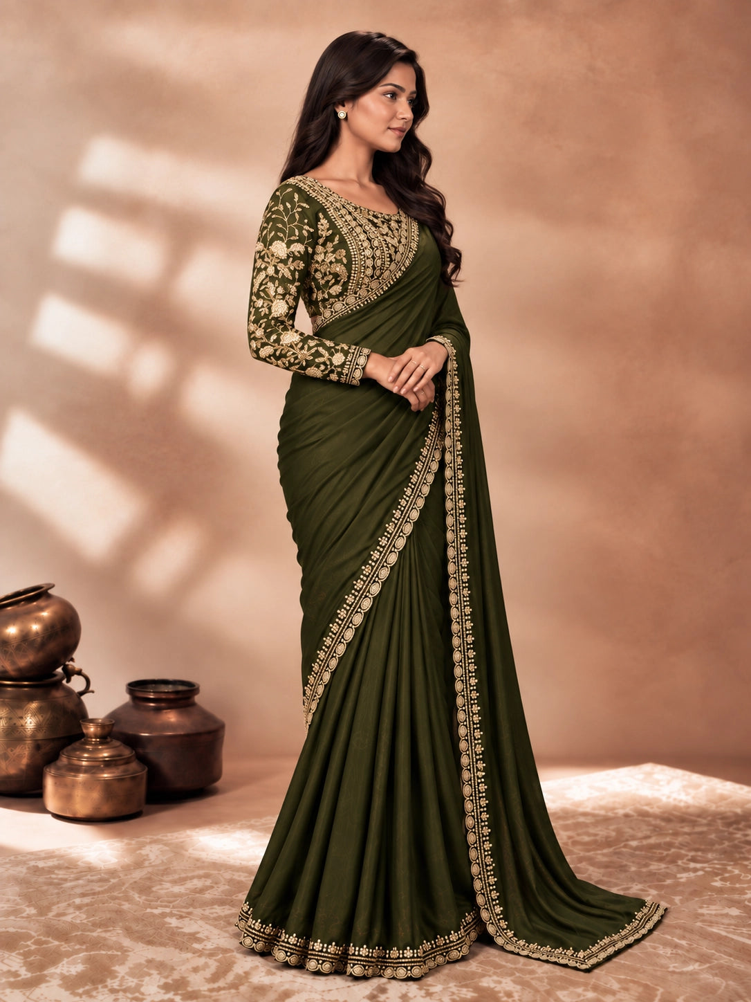 Woman in a flowing mehndi green saree with intricate gold embroidery on blouse and border.