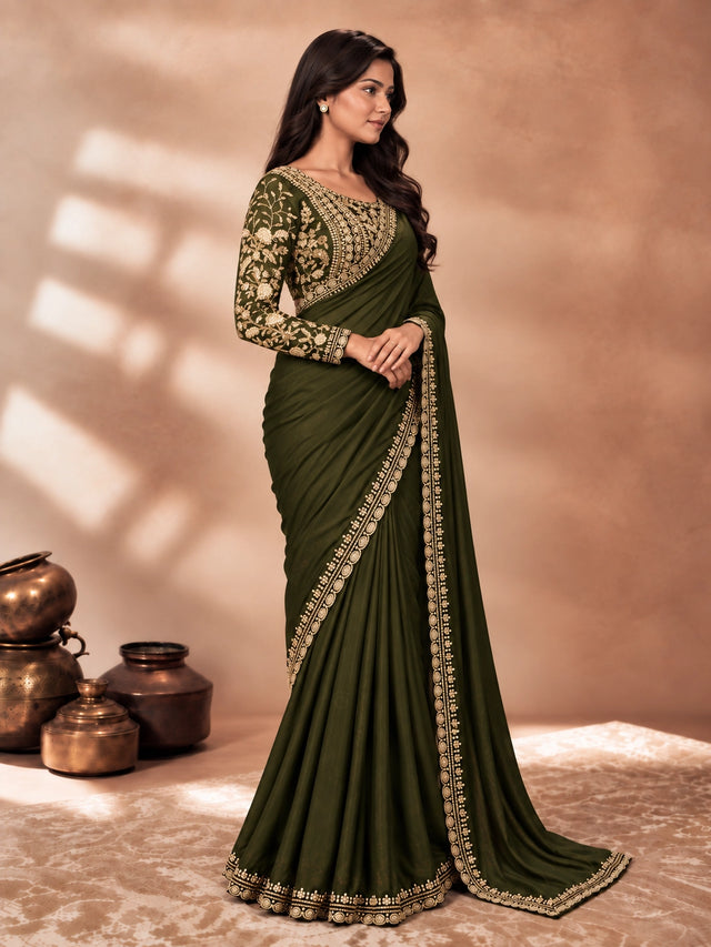 Woman in a flowing mehndi green saree with intricate gold embroidery on blouse and border.