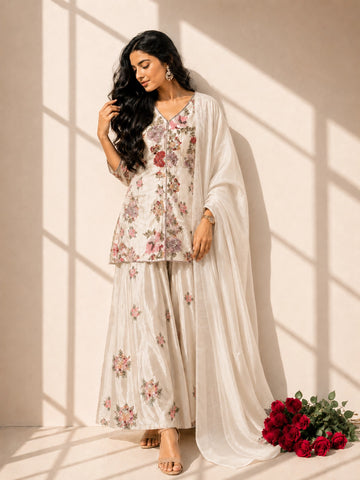 Woman in elegant cream floral embroidered kurti set with sharara and dupatta.
