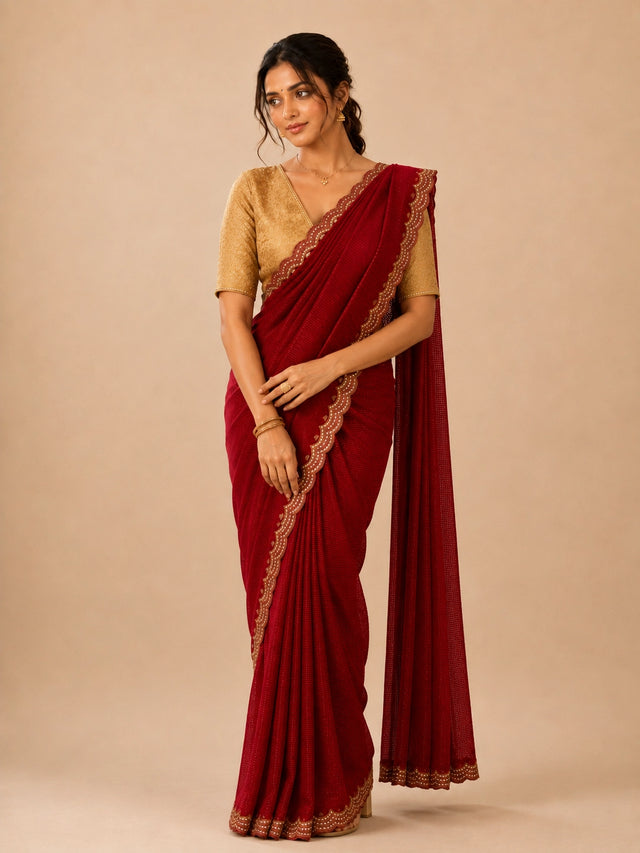 Woman in elegant red pleated saree with embellished border and golden blouse.
