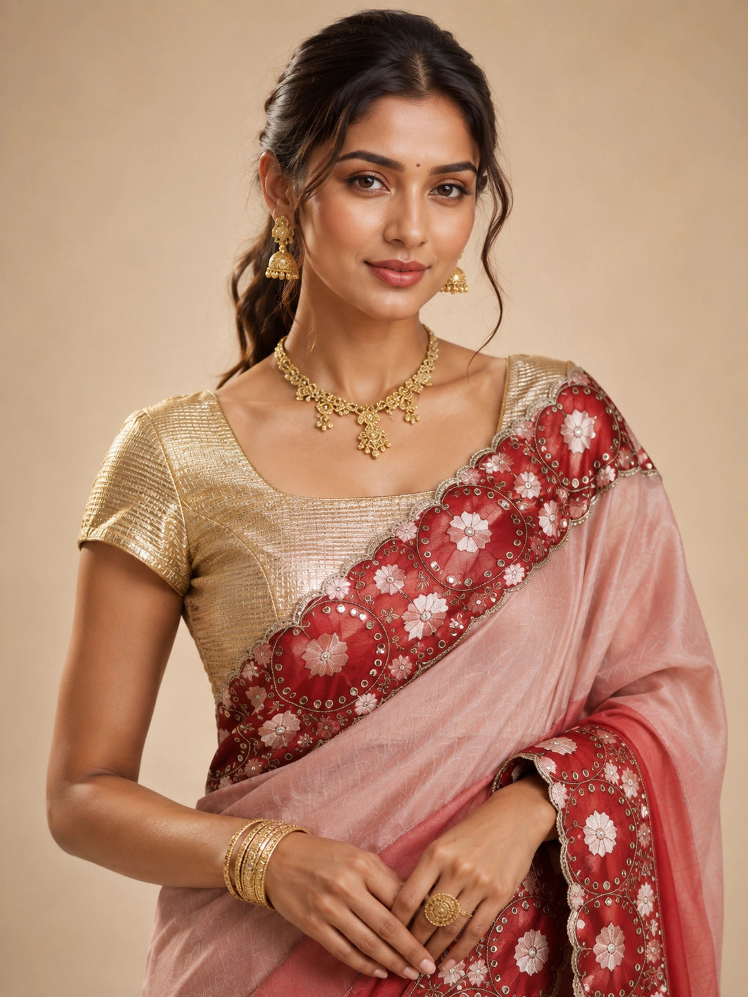 Woman in an elegant red ombre  saree with intricate white floral embroidery.