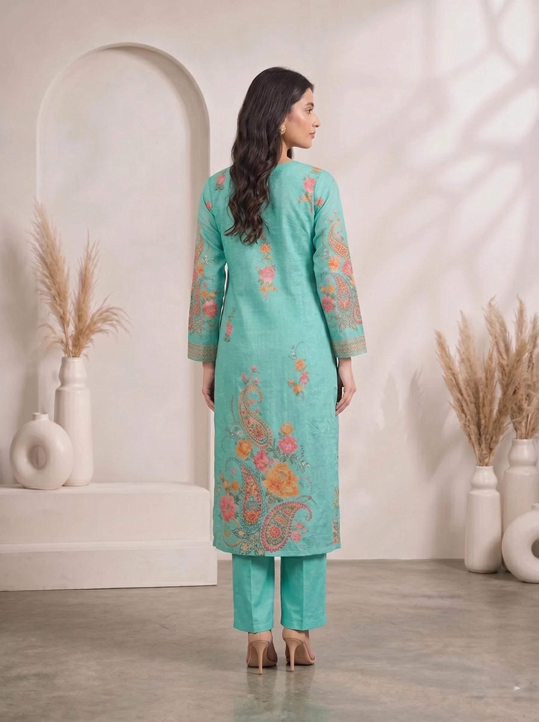 Woman wearing a teal kurti set with floral prints and matching palazzo pants, draped with a dupatta.