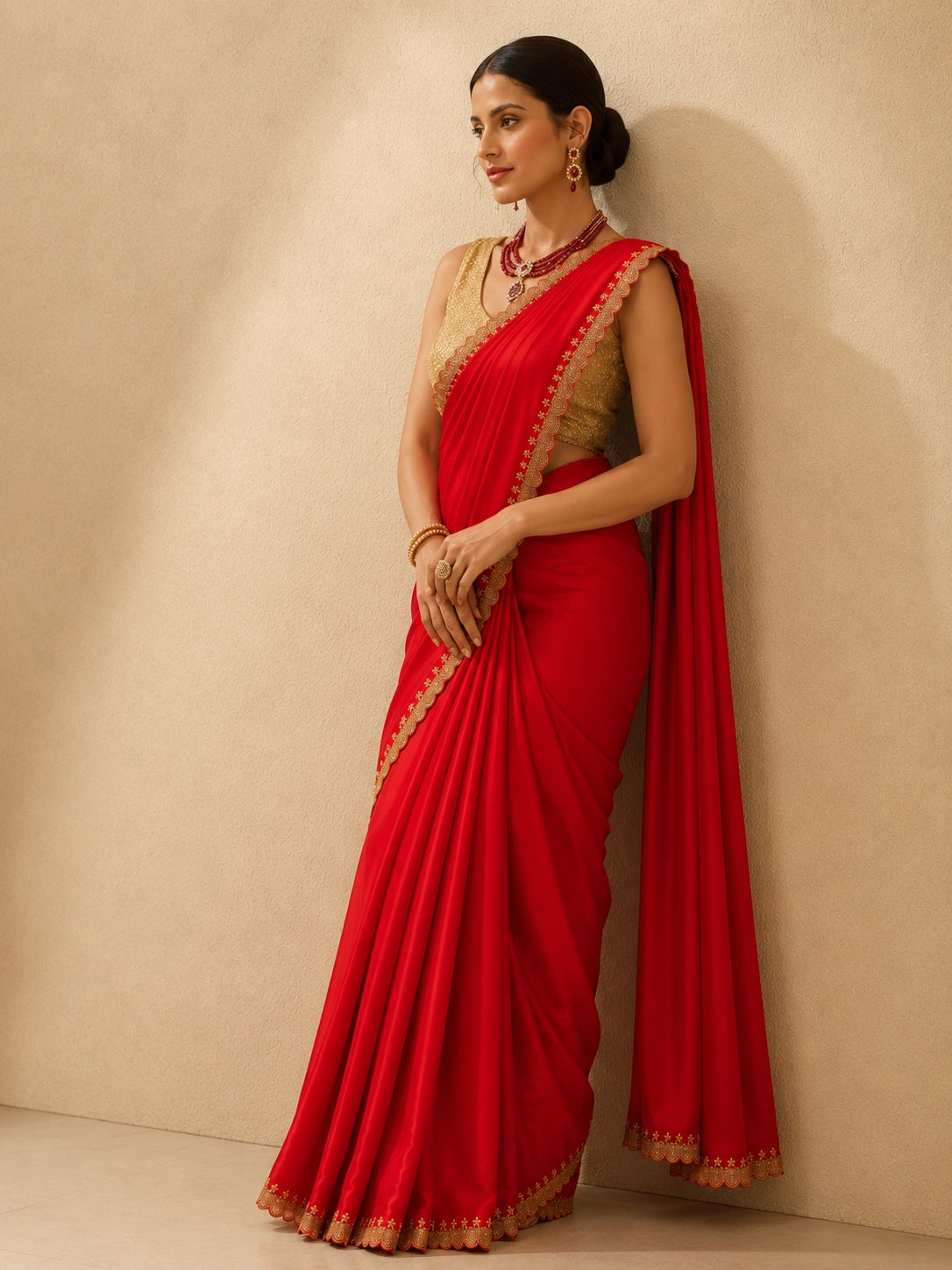 Woman in vibrant red saree with golden embroidered border and matching golden blouse.