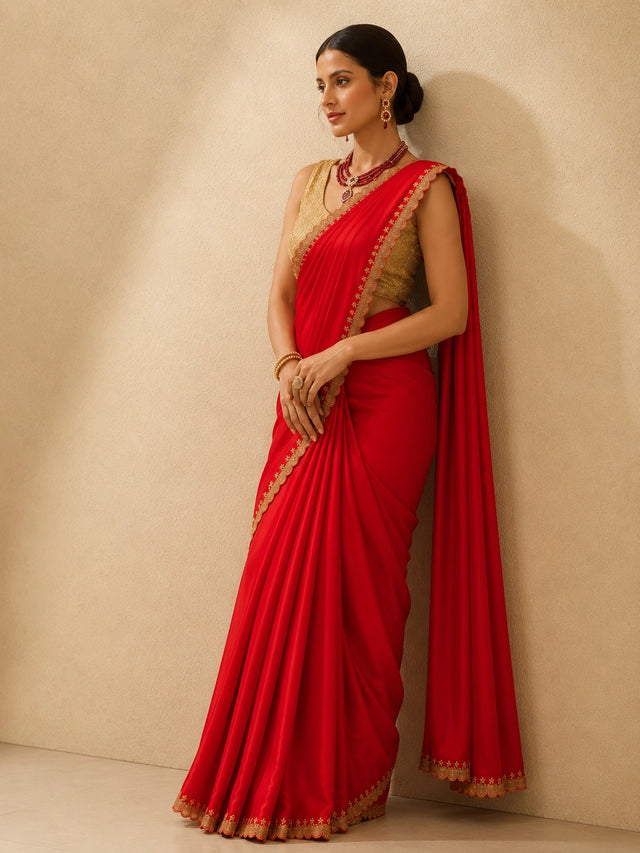 Woman in vibrant red saree with golden embroidered border and matching golden blouse.