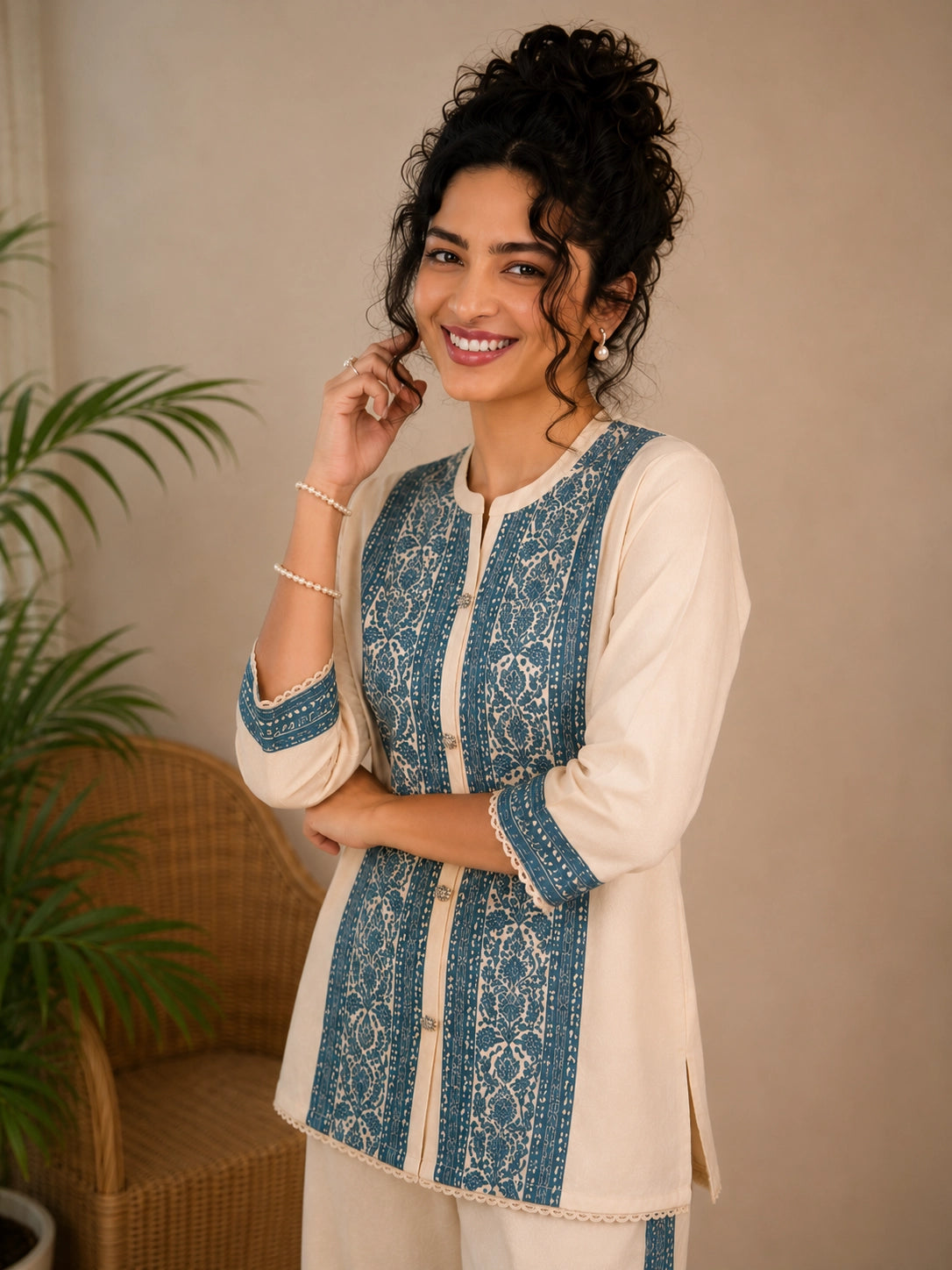 Woman wearing a cream kurta with blue paisley print, showcasing intricate embroidery and a band collar neckline.