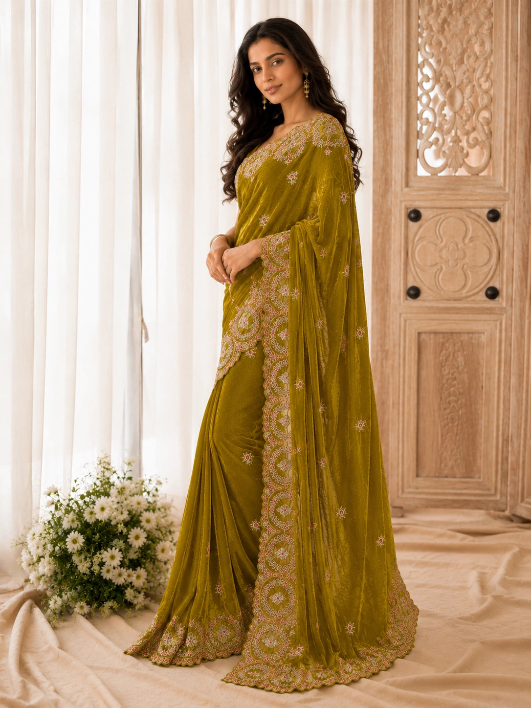 Woman wearing an elegant mustard velvet  saree with intricate embroidery.