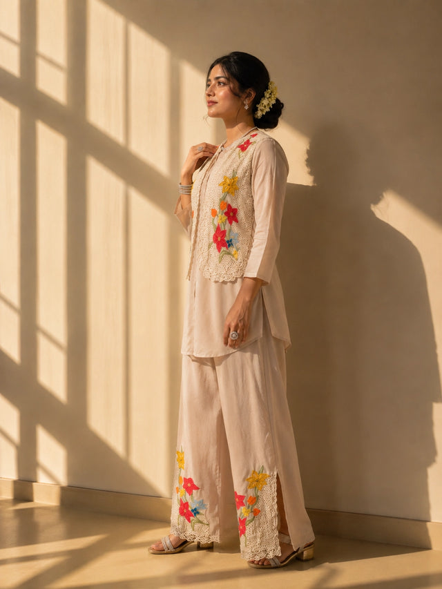 Woman in a beige kurta set with a short floral embroidered jacket and palazzo pants.