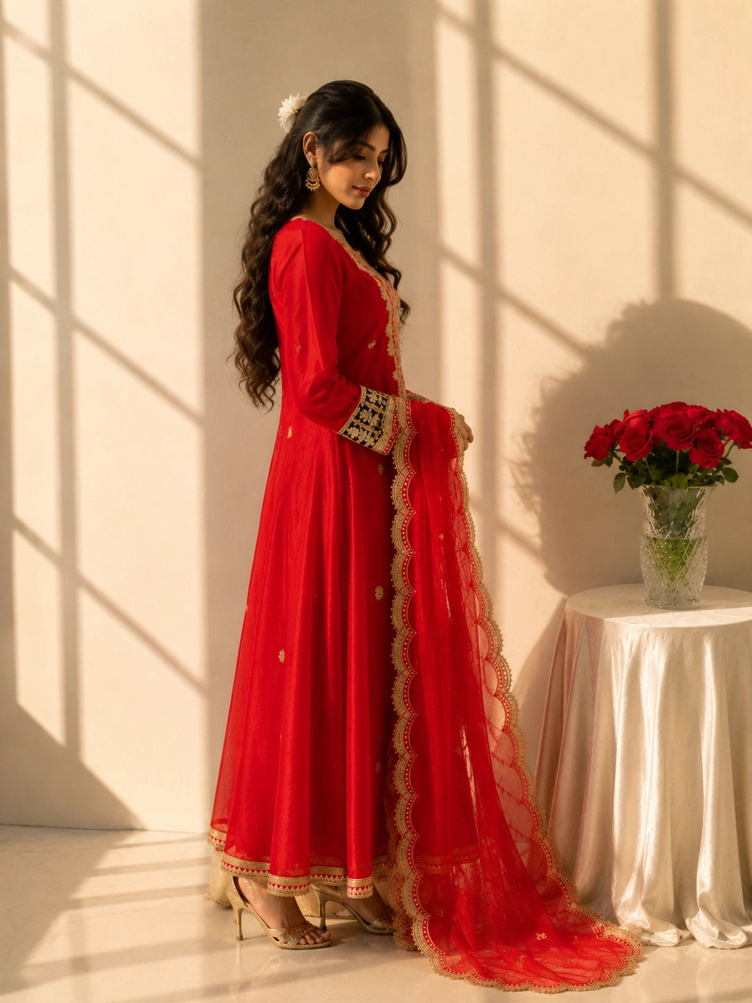 Woman wearing a vibrant red Anarkali suit with intricate gold embroidery and sheer dupatta.